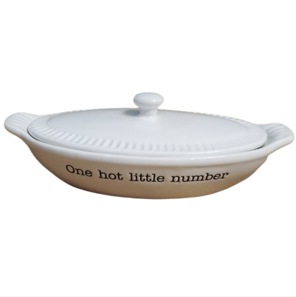 Mud Pie "One Hot Little Number" White Ceramic Covered Veg Butter‎ Dish 2 Pieces